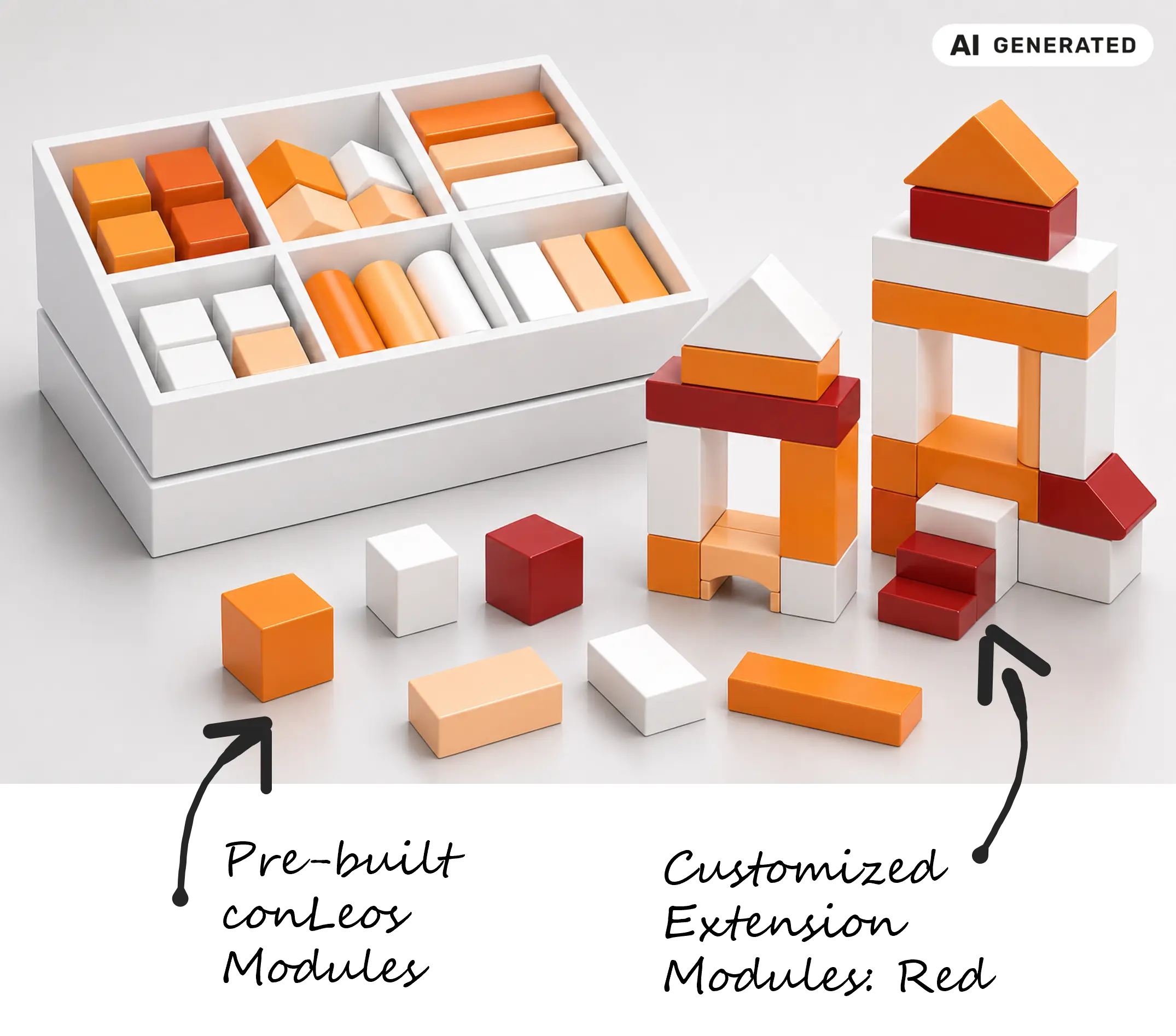 Illustration of conLeos’ modular software concept featuring software building blocks that can be combined with one another.